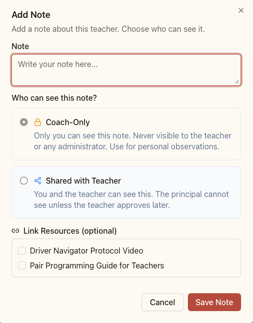 The coaching notes view, with notes organized by teacher and date.