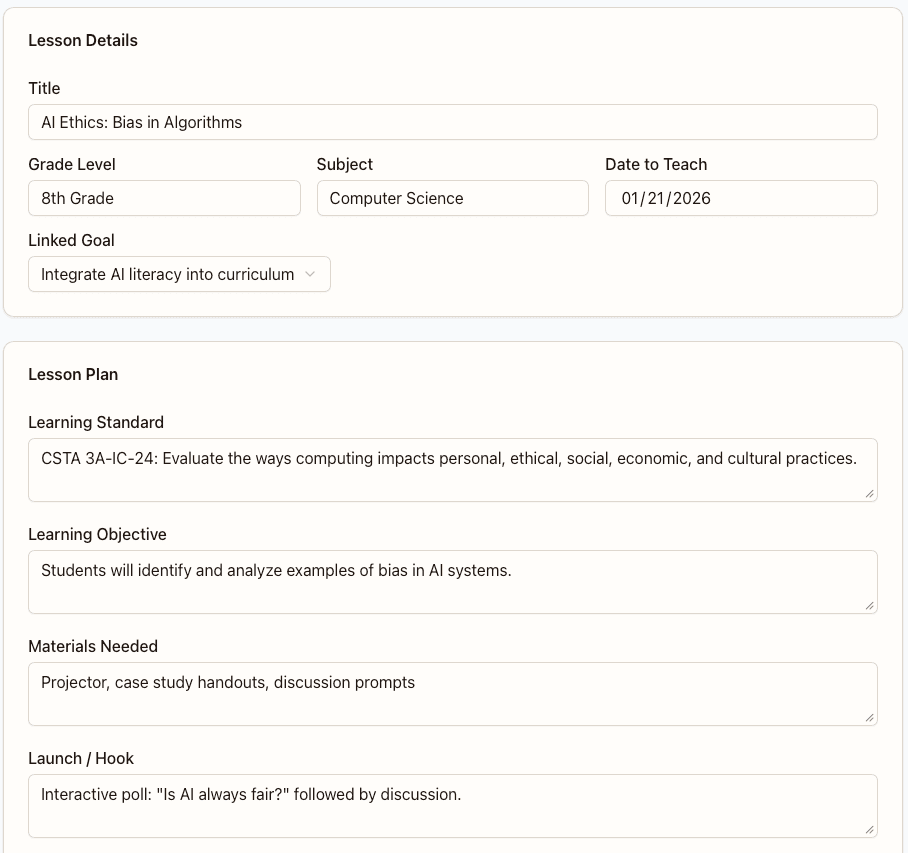 Lesson planning interface with templates and collaboration